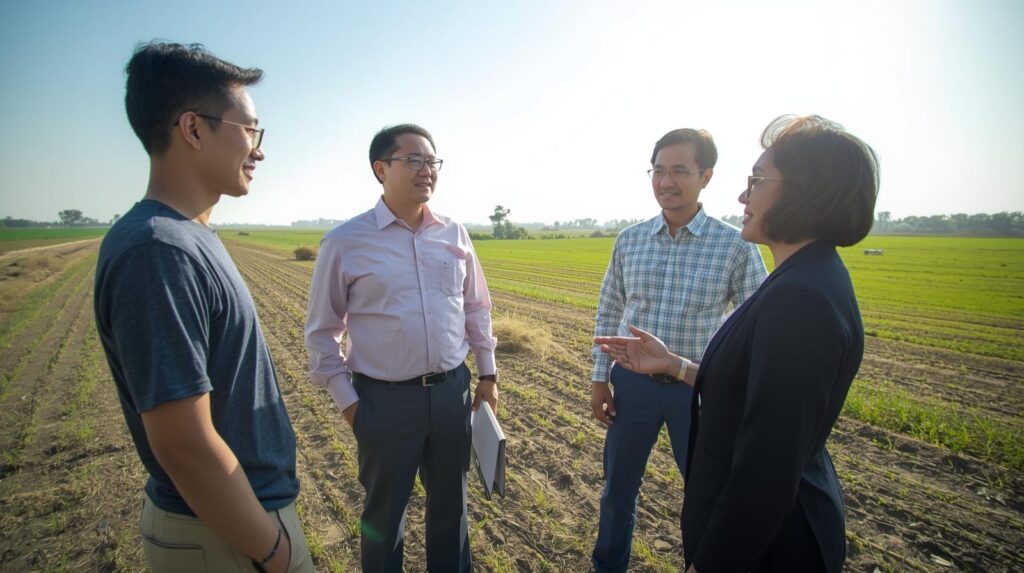 make an image on which a client with his group is standing on a big farm land and one of the executive girl is explaining them the project (1)