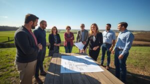 make an image on which a client with his group is standing on a big farm land and one of the executive girl is explaining them the project